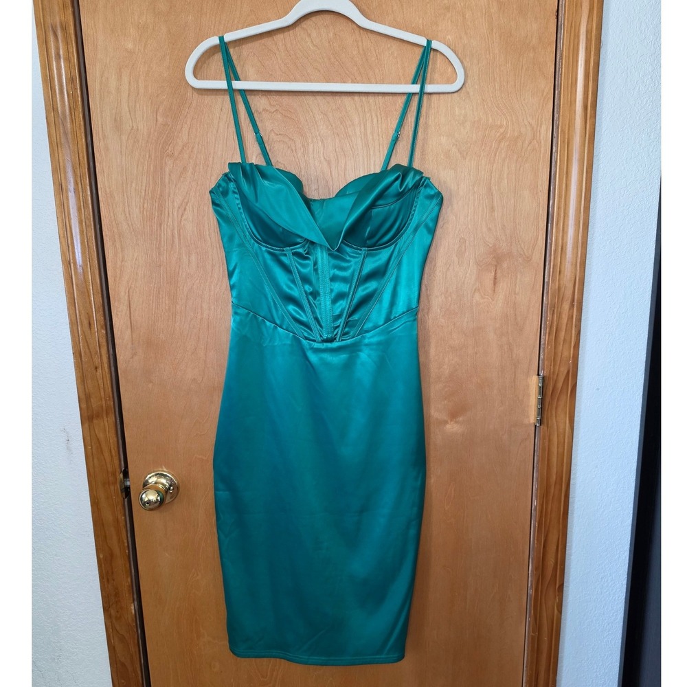 Emerald Green Satin Corset Midi Dress Bodycon Straps L Cocktail Formal